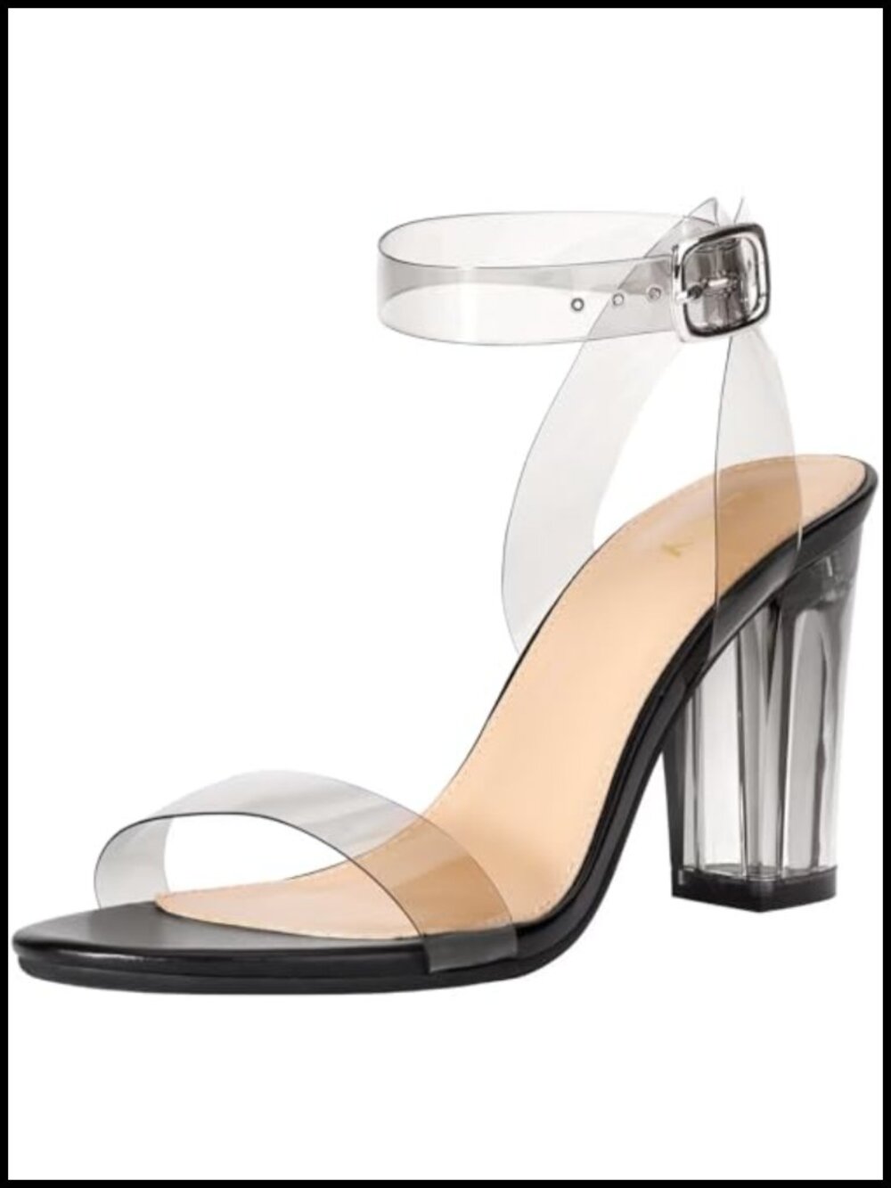 Clear Block Sandals Chunky Heels 3.35 Inch Open Toe Adjustable Ankle Strap Pump